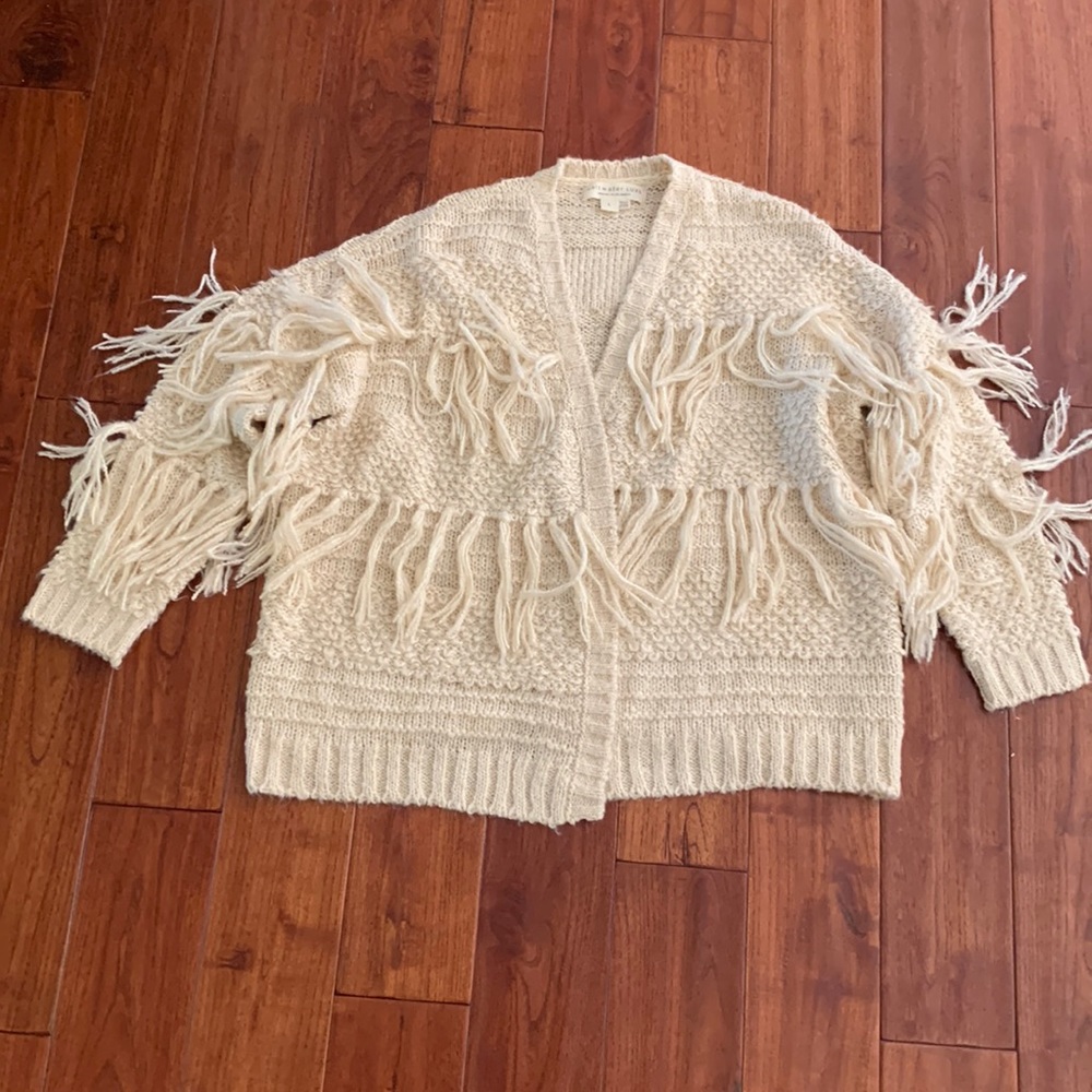 Saltwater Luxe Open Front Cardigan size L Cream Fringe Boho Western Festival